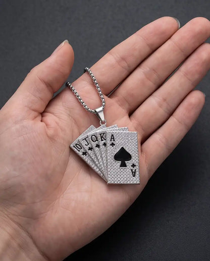 Iced Royal Flush Playing Cards Pendant Silver Box Chain Necklace