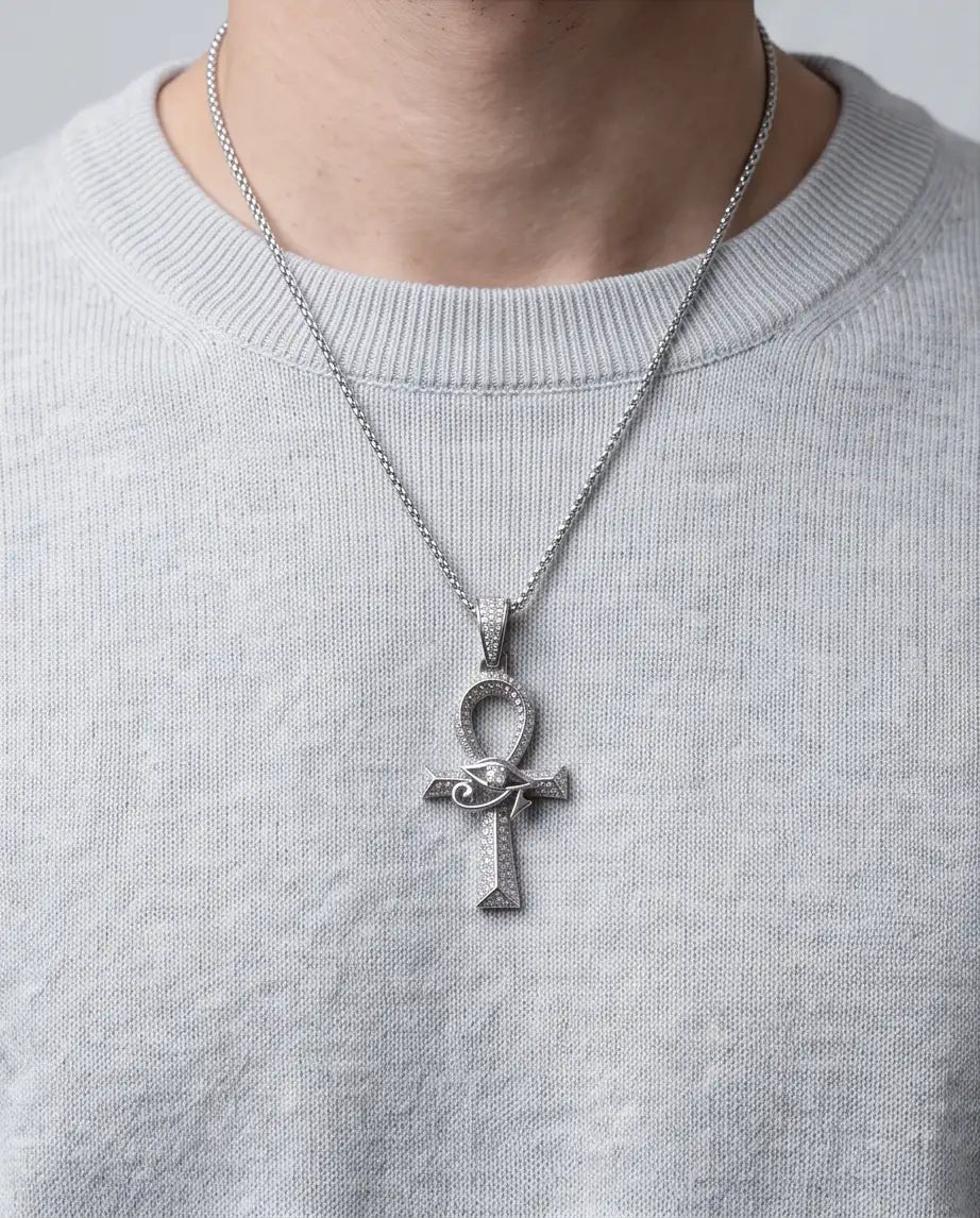 Iced Egyptian Ankh Cross & Eye of Horus Pendant Silver Box Chain Necklace