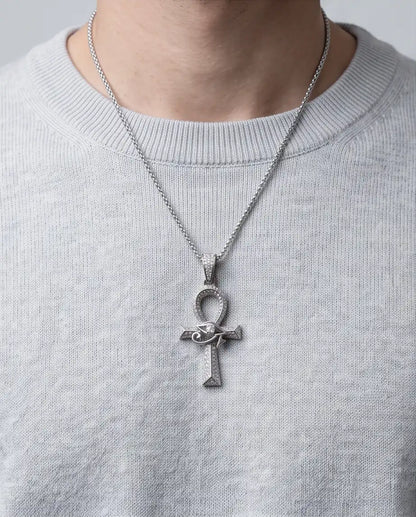 Iced Egyptian Ankh Cross & Eye of Horus Pendant Silver Box Chain Necklace
