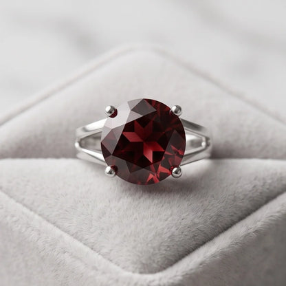 Silver Round Garnet Gemstone Solitaire Ring