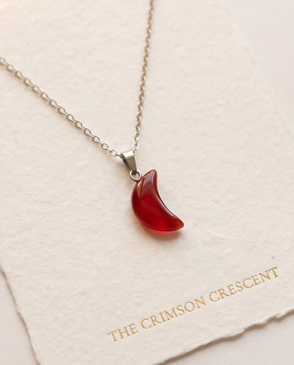 Silver Carnelian Red Crescent Moon Pendant Necklace