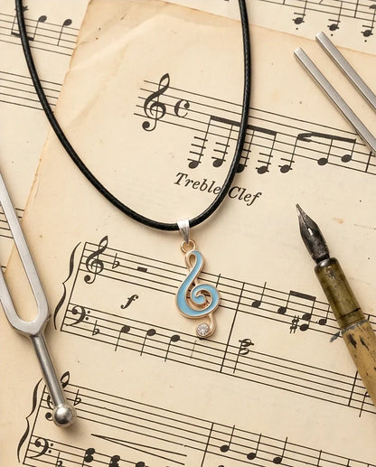 Gold Light Blue Treble Clef Music Necklace