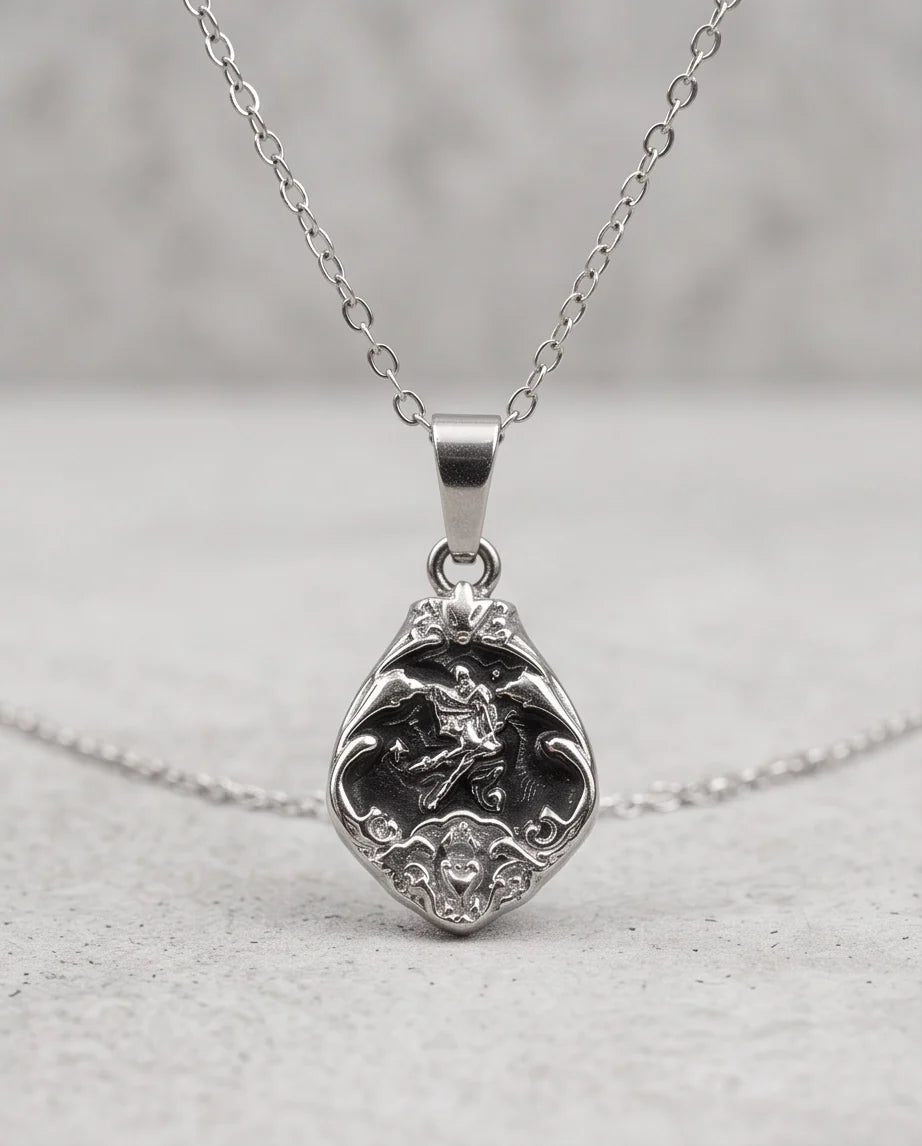 Silver Vintage Cherub Black Enamel Teardrop Pendant Necklace