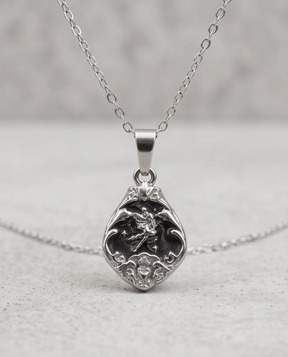 Silver Vintage Cherub Black Enamel Teardrop Pendant Necklace
