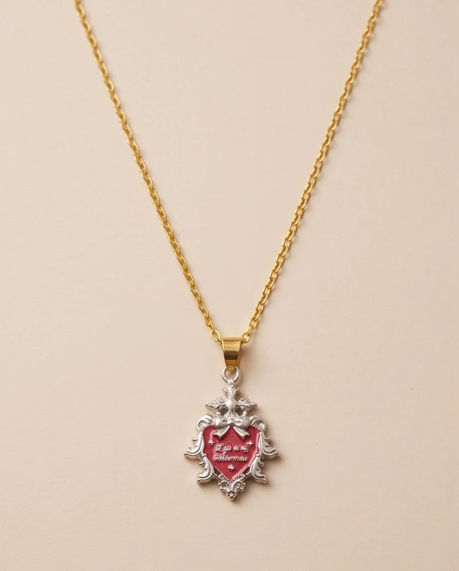 Silver Vintage Heart Engraved Red Enamel Pendant Necklace