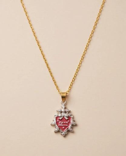 Silver Vintage Heart Engraved Red Enamel Pendant Necklace