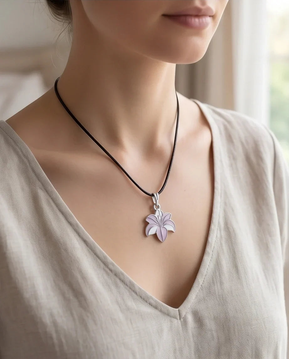 Elegant Pastel Pink and White Lily Enamel Pendant Necklace