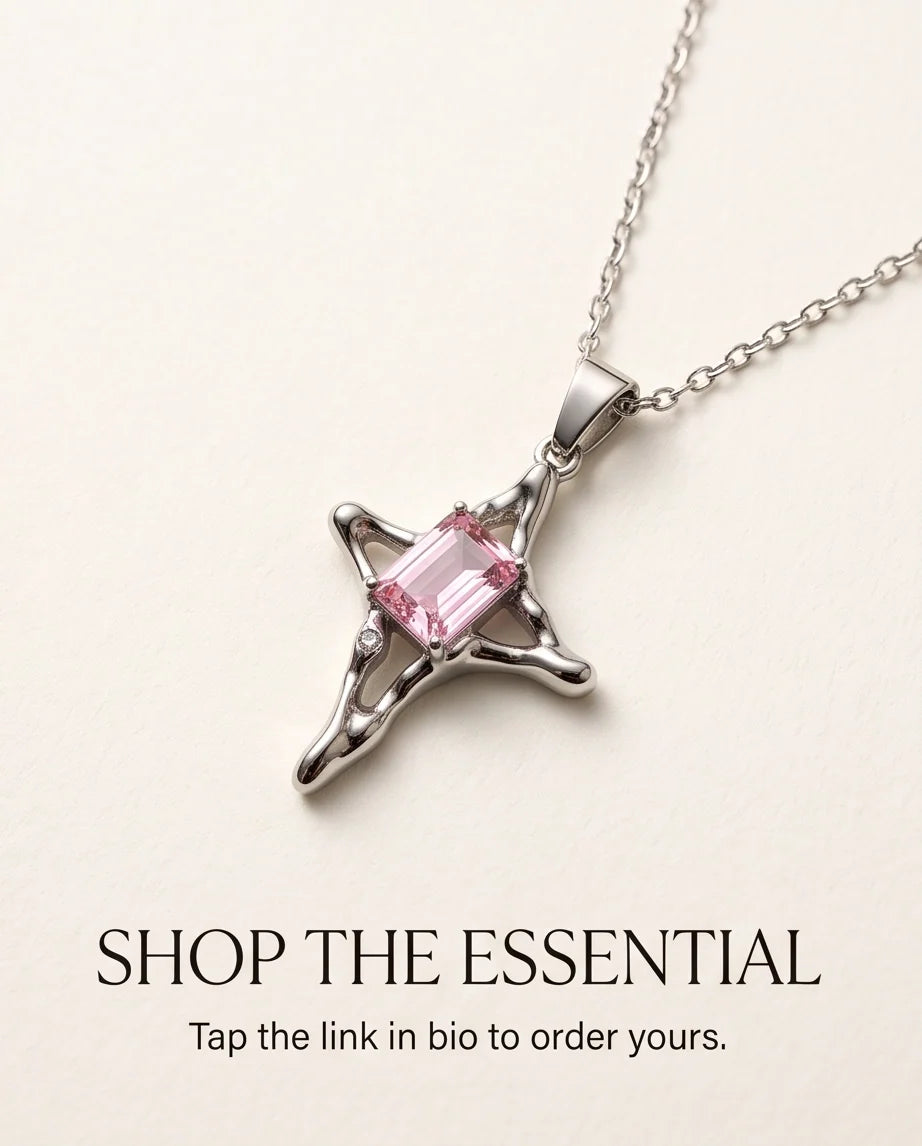 Silver Pink Gemstone Gothic Cross Pendant Necklace