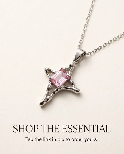 Silver Pink Gemstone Gothic Cross Pendant Necklace