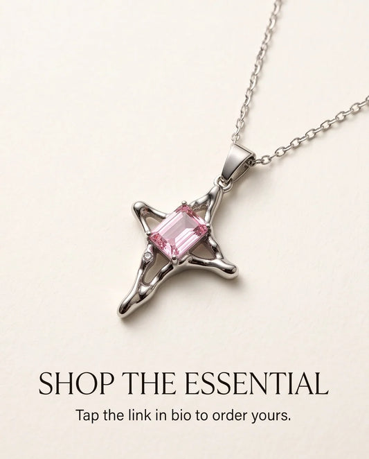 Silver Pink Gemstone Gothic Cross Pendant Necklace