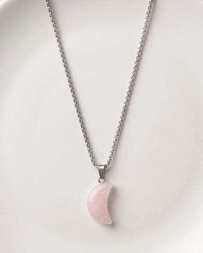 Silver Rose Quartz Pink Crescent Moon Pendant Necklace