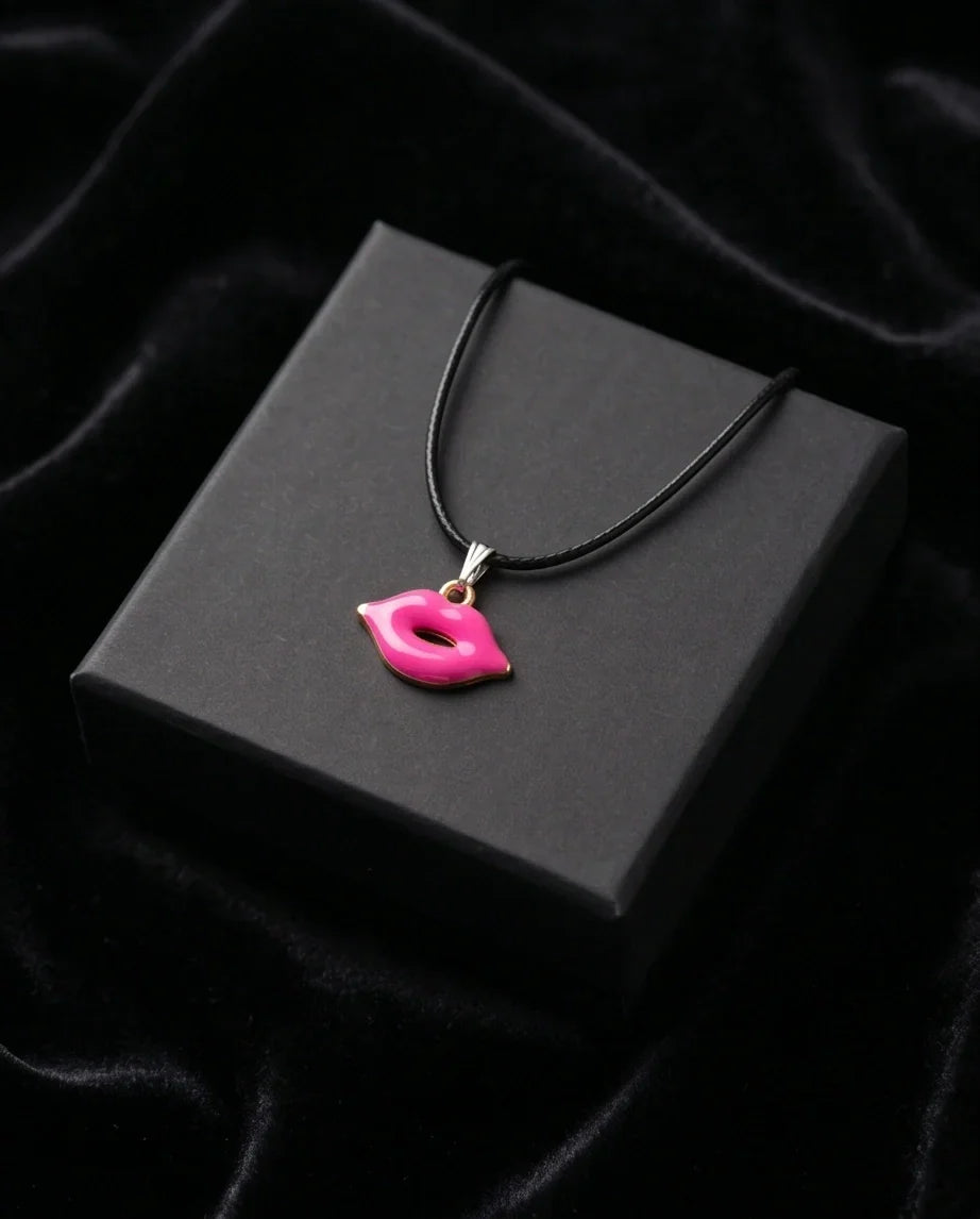 Gold and Pink Lips Pendant Necklace