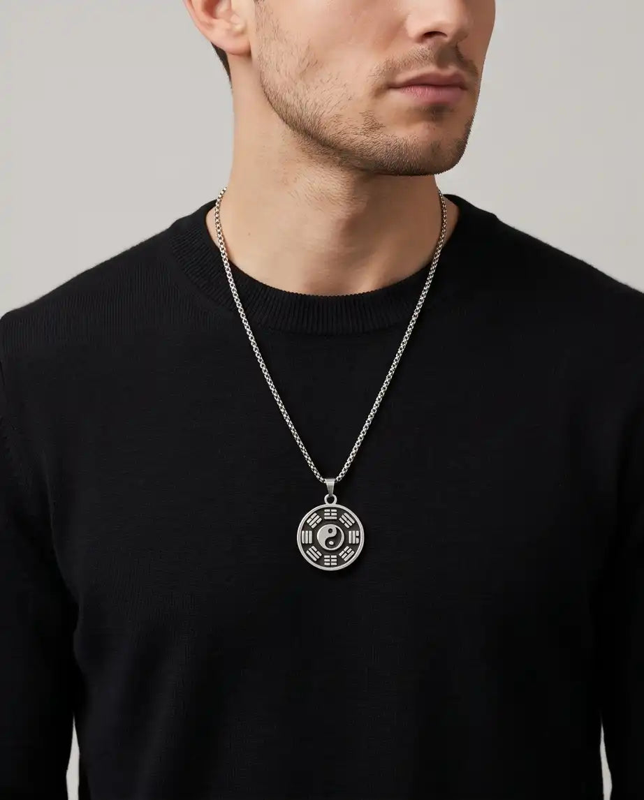 Yin Yang Bagua Symbol Medallion Silver Box Chain Necklace