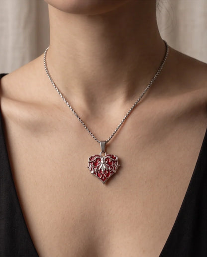 Silver Red Enamel Filigree Heart Pendant Necklace