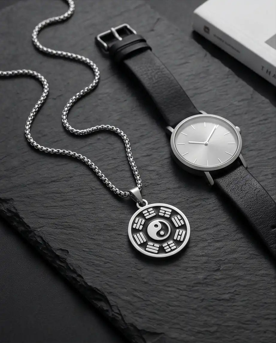 Yin Yang Bagua Symbol Medallion Silver Box Chain Necklace