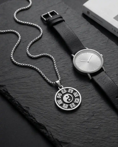 Yin Yang Bagua Symbol Medallion Silver Box Chain Necklace