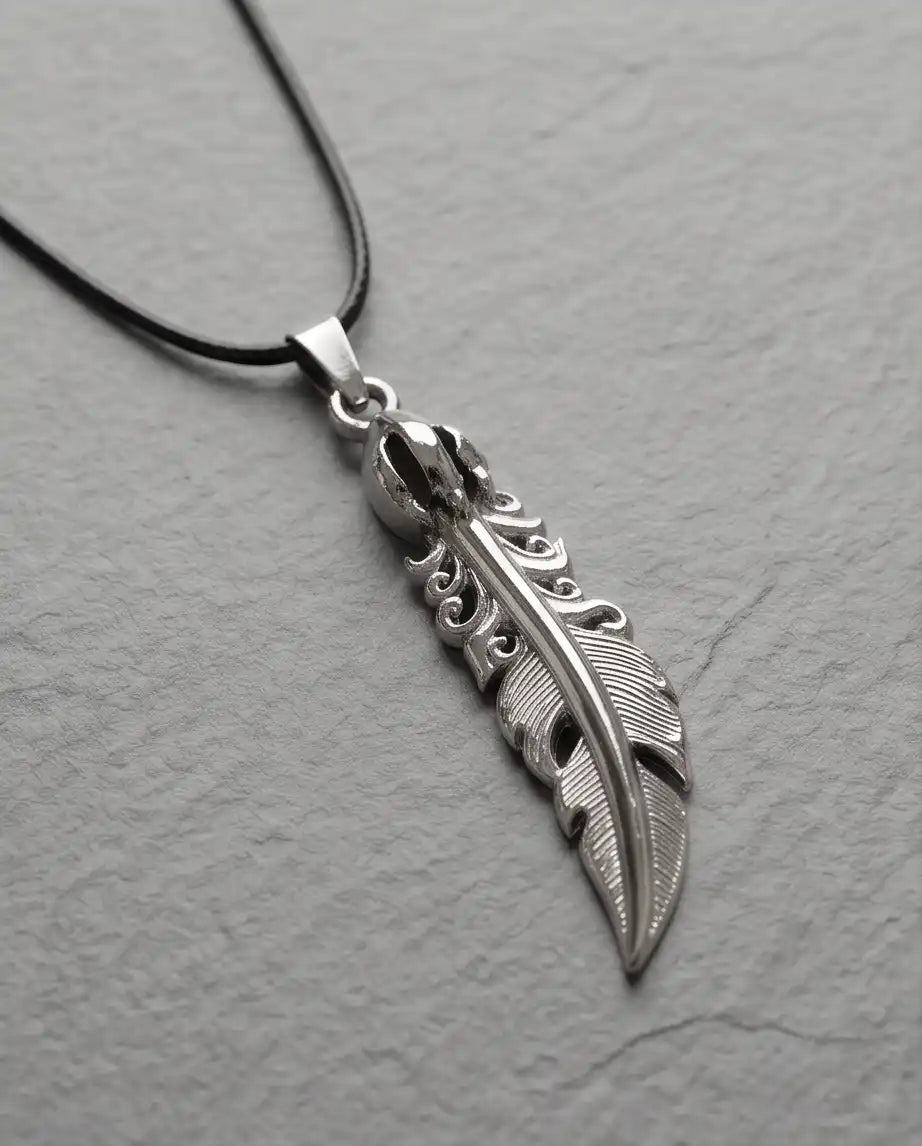 Gothic Filigree Feather Pendant Silver Box Chain Necklace