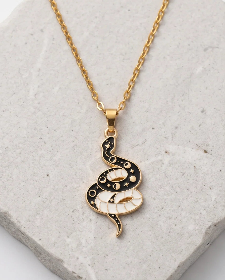 Gold Moon Phase Snake Enamel Pendant Necklace