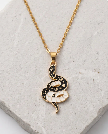Gold Moon Phase Snake Enamel Pendant Necklace