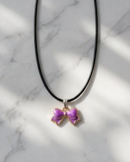 Glossy Purple Bow Enamel Pendant Necklace