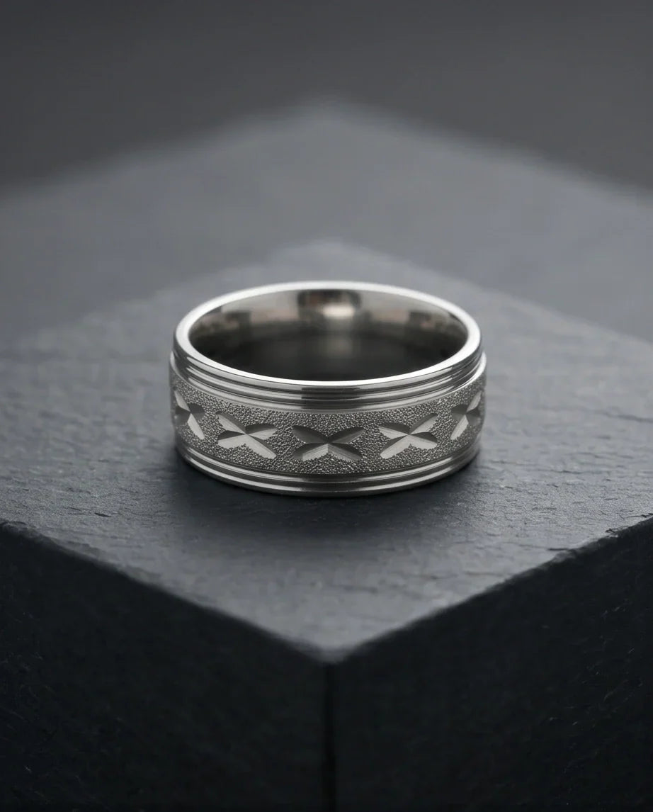 Textured Silver 'X' Engraved Band Ring