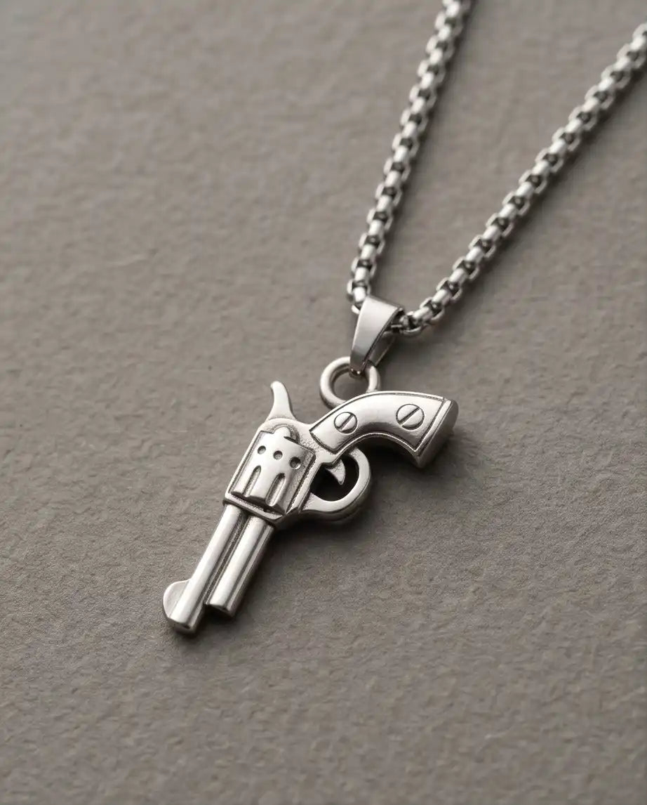 Vintage Revolver Handgun Weapon Pendant Box Chain