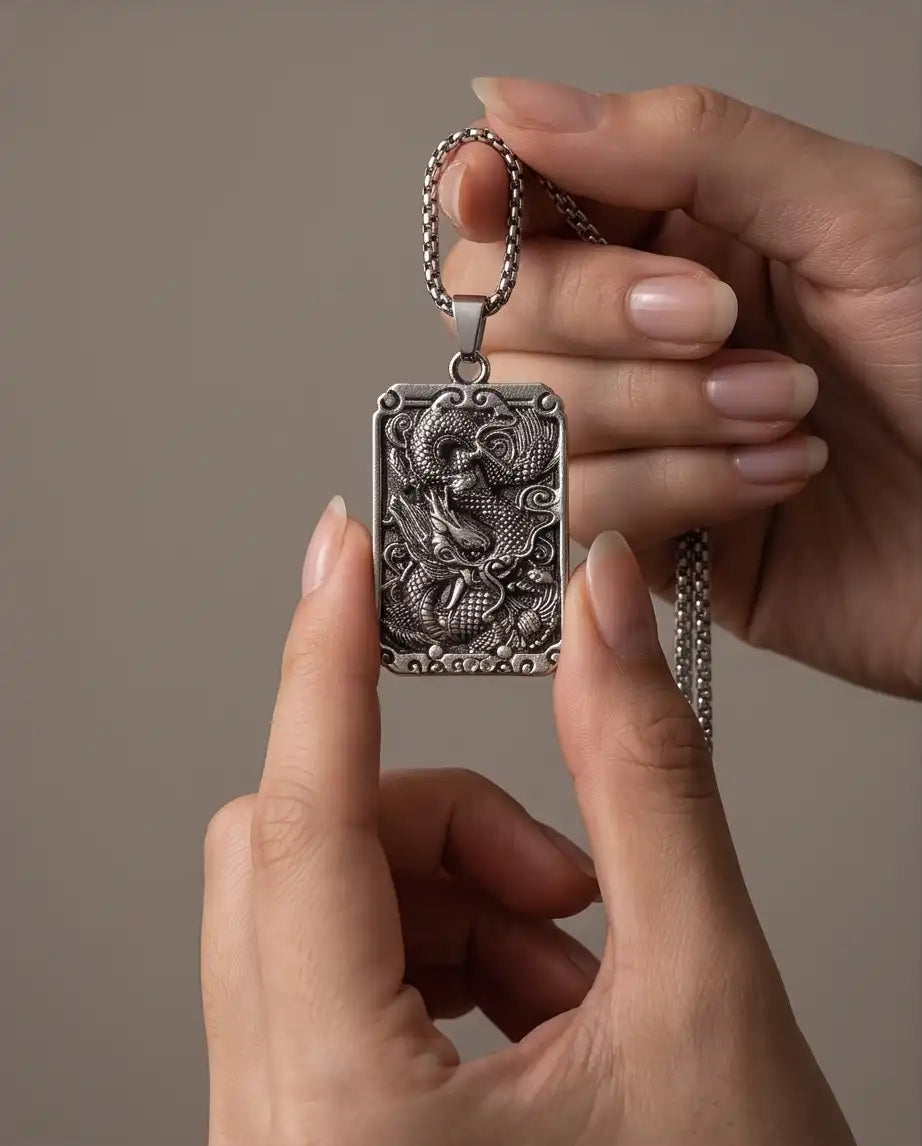Mythological Dragon Rectangle Dog Tag Pendant Box Chain