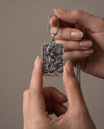 Mythological Dragon Rectangle Dog Tag Pendant Box Chain