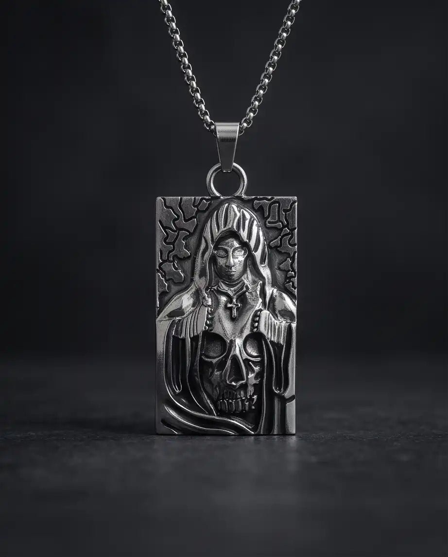 Hooded Grim Reaper Skull Dog Tag Pendant Box Chain