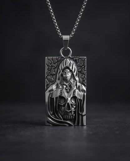 Hooded Grim Reaper Skull Dog Tag Pendant Box Chain