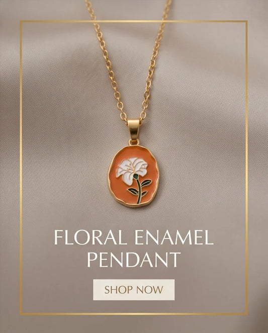 Gold Peach White Flower Enamel Medallion Chain Necklace