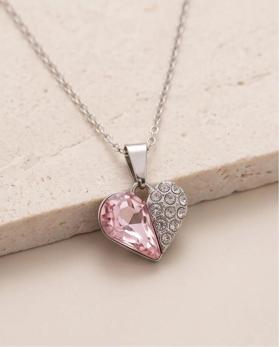 Silver Rose Pink Heart Pavé Pendant Necklace