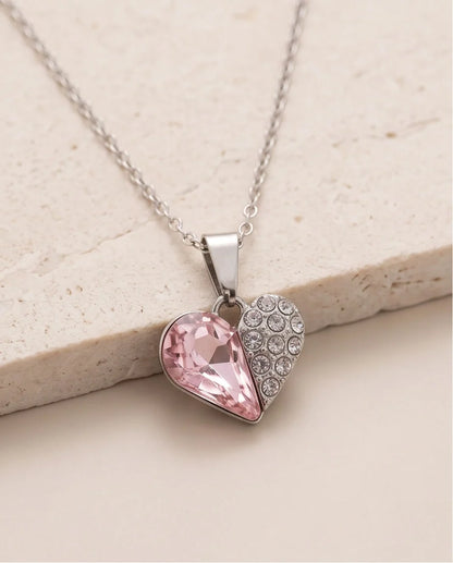 Silver Rose Pink Heart Pavé Pendant Necklace