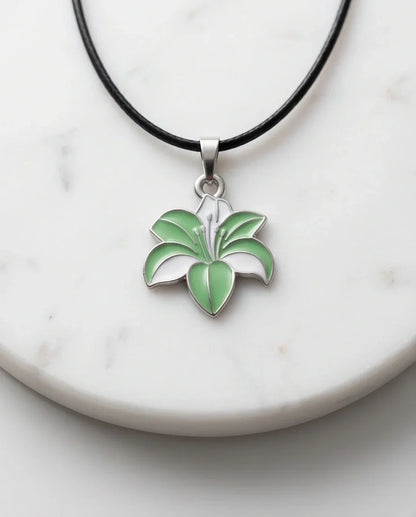 Elegant Green and White Lily Enamel Pendant Necklace