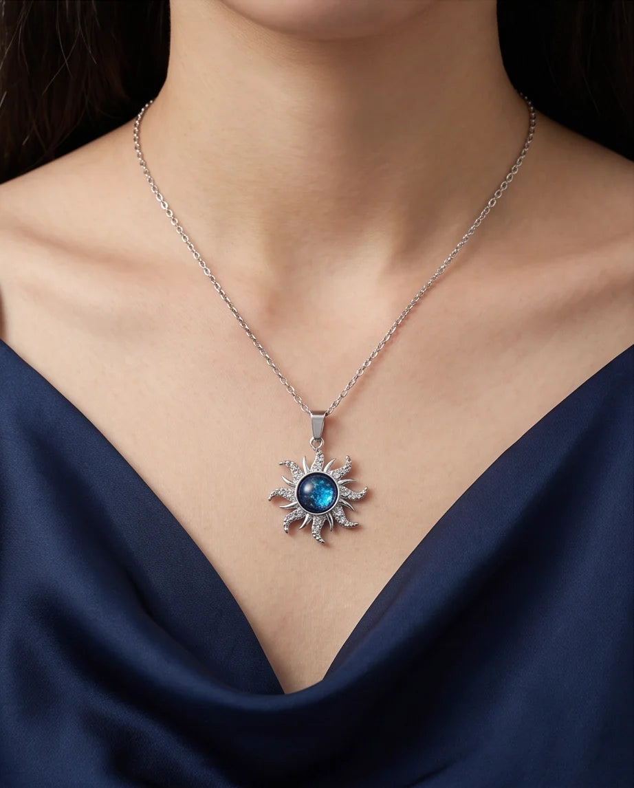 Silver Crystal Celestial Sunburst Galaxy Pendant Necklace