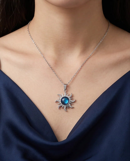 Silver Crystal Celestial Sunburst Galaxy Pendant Necklace