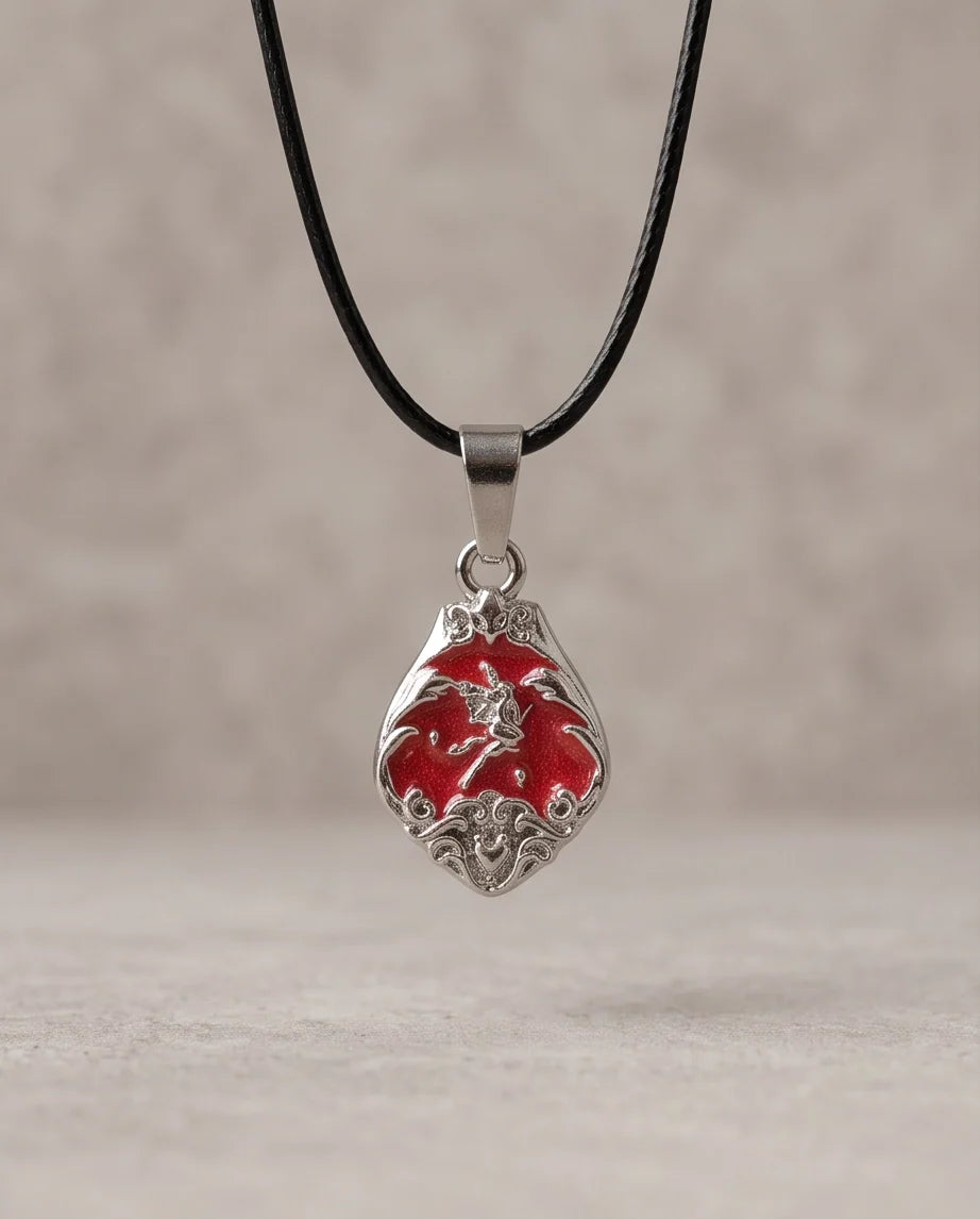 Silver Vintage Cherub Red Enamel Teardrop Pendant Necklace