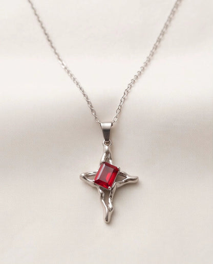 Silver Red Gemstone Gothic Cross Pendant Necklace
