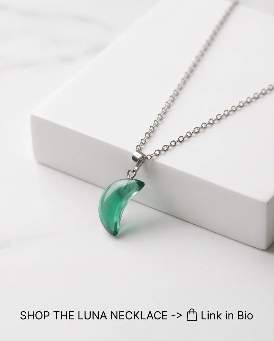 Silver Emerald Green Crescent Moon Pendant Necklace