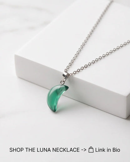 Silver Emerald Green Crescent Moon Pendant Necklace