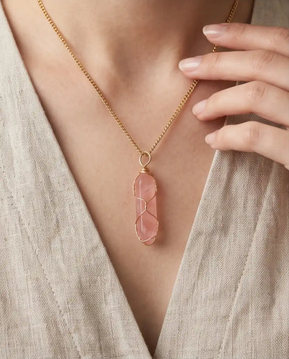 Wire-Wrapped Rose Quartz Crystal Point Pendant Box Chain
