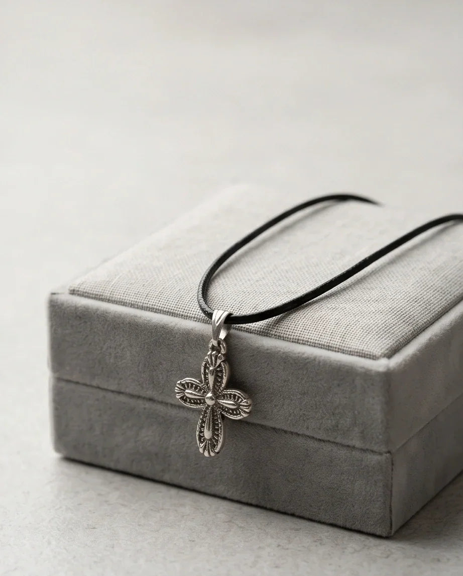 Silver Textured Petal Cross Necklace