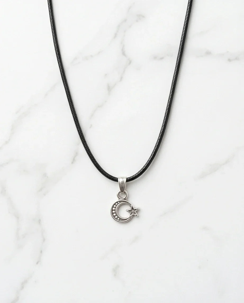 Silver Celestial Crescent Moon and Star Necklace
