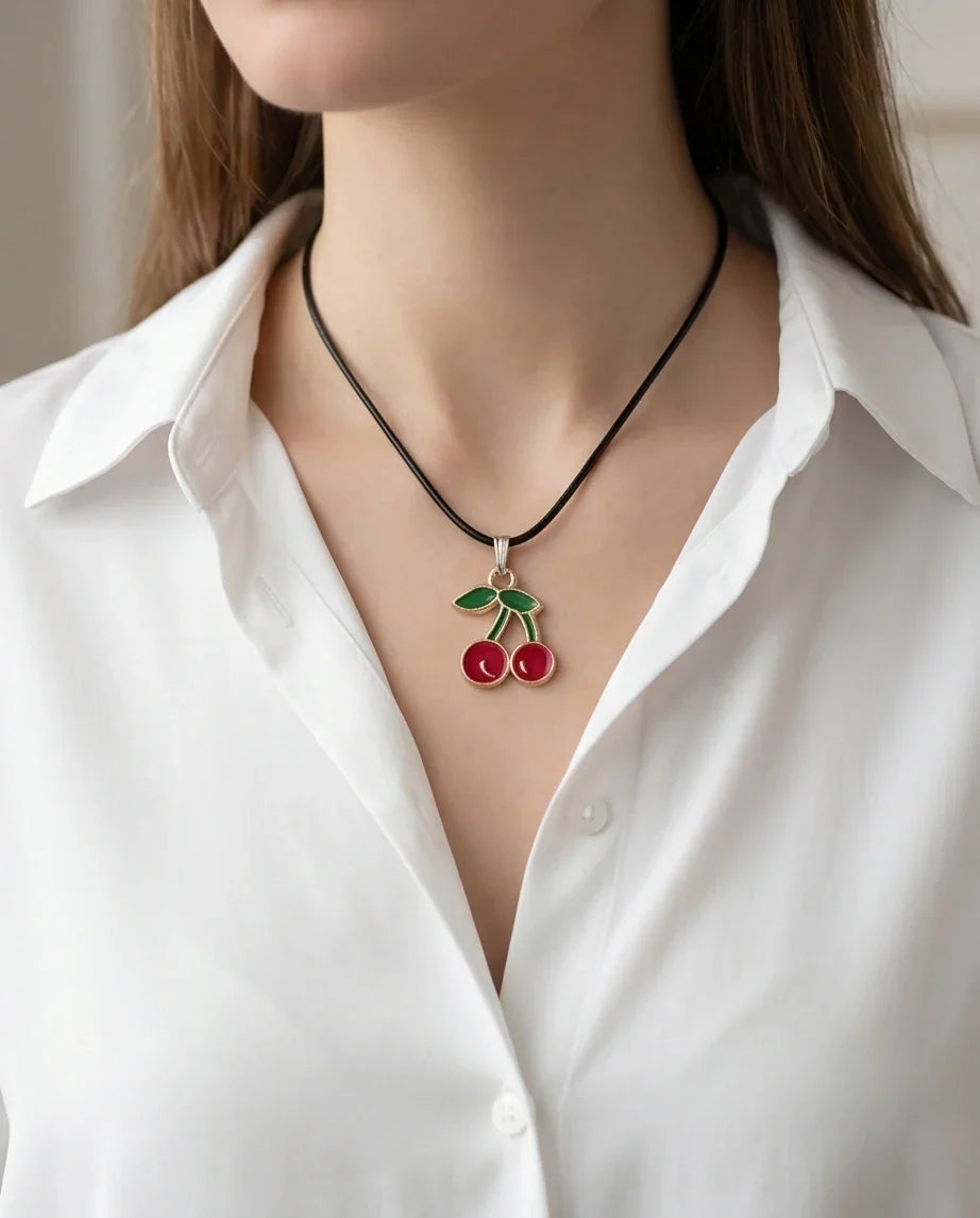 Gold and Red Cherries Pendant Necklace