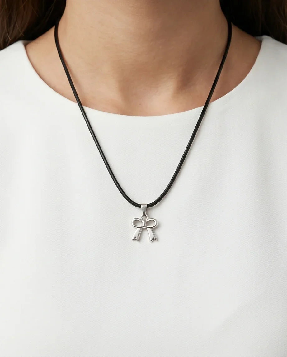 Silver Polished Ribbon Bow Necklace