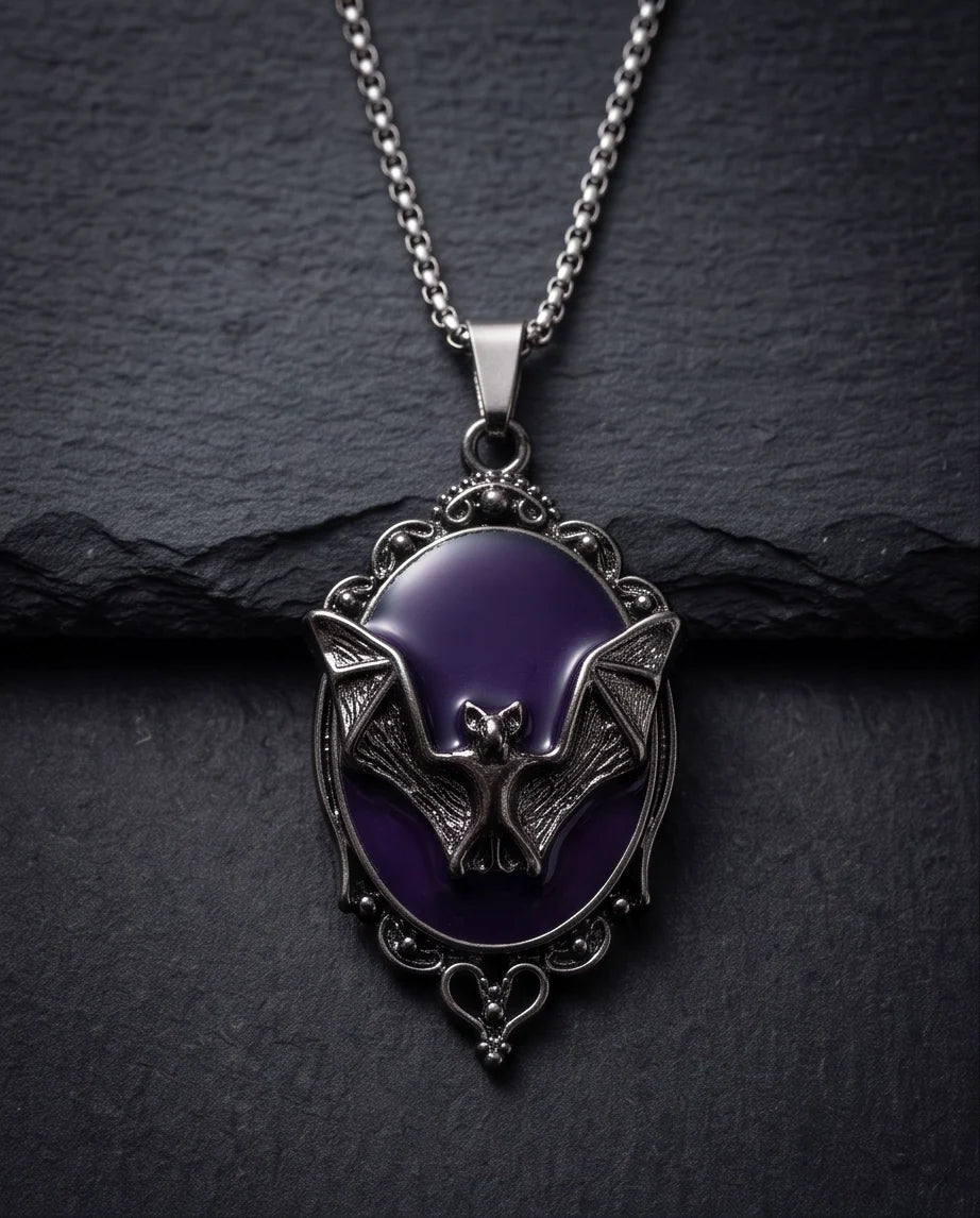 Antique Silver Gothic Bat Purple Enamel Medallion Chain Necklace