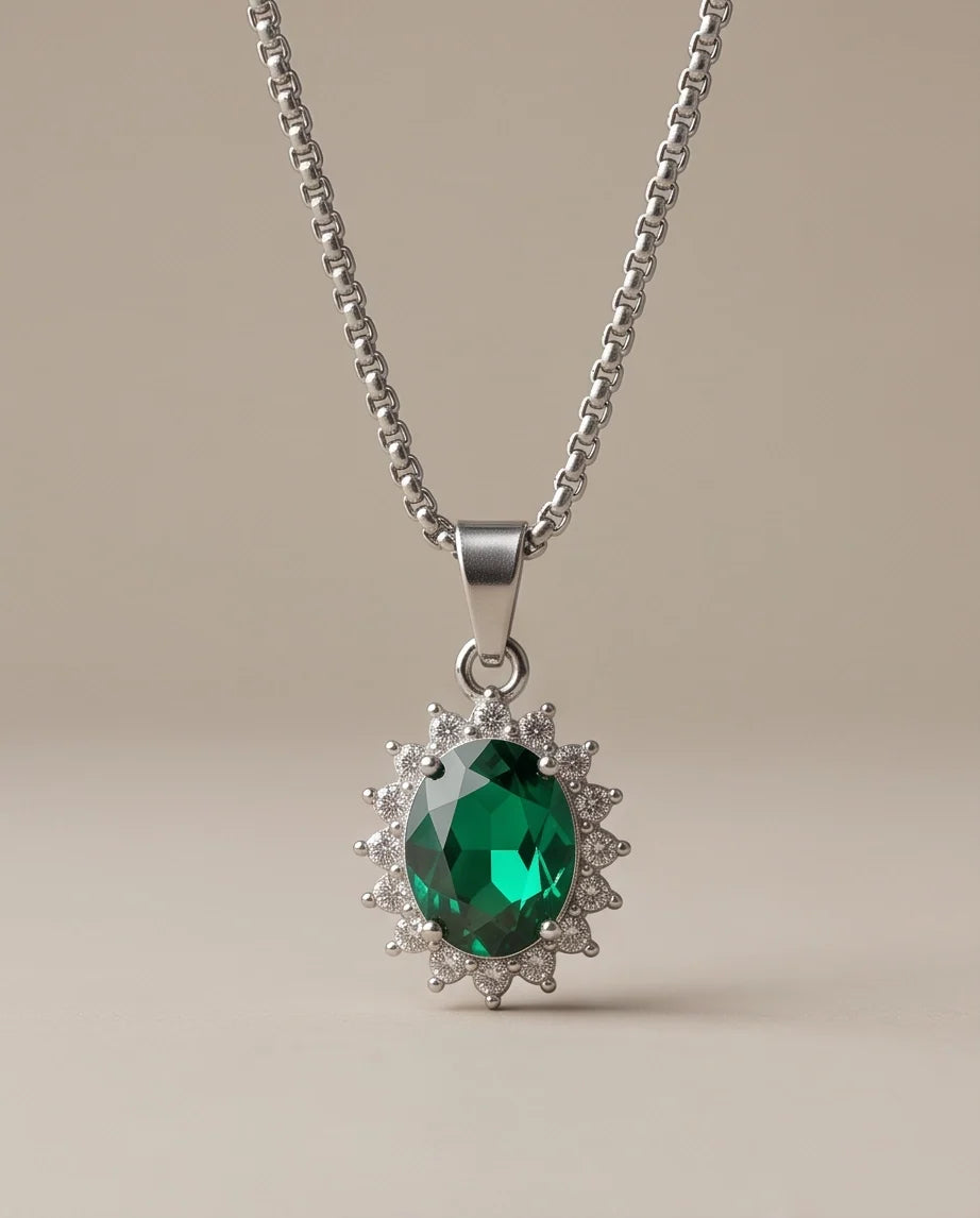 Silver Emerald Green Oval Halo Medallion Pendant Necklace