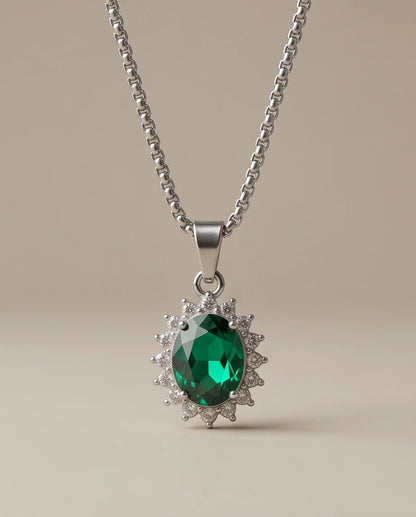Silver Emerald Green Oval Halo Medallion Pendant Necklace