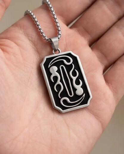 Moon Phase Abstract Calligraphy Tag Silver Box Chain Necklace