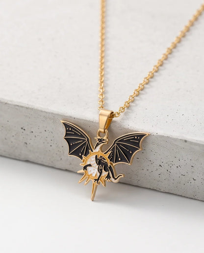 Gold Celestial Winged Dragon Enamel Pendant Necklace